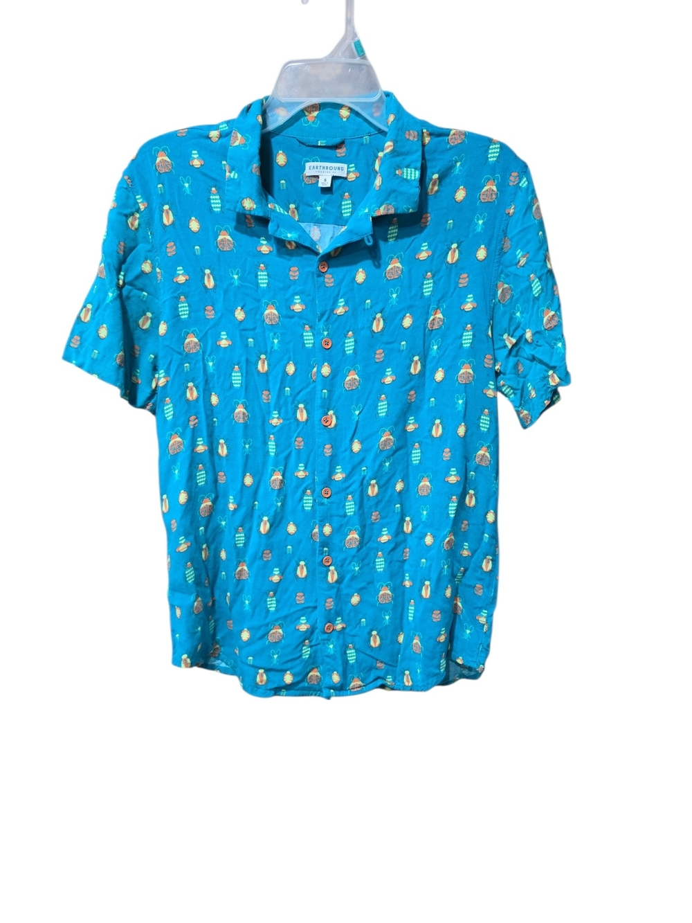 Earthbound Trading Co. Blue Beetle Bug Print Button Front Shirt Men's Small Boho